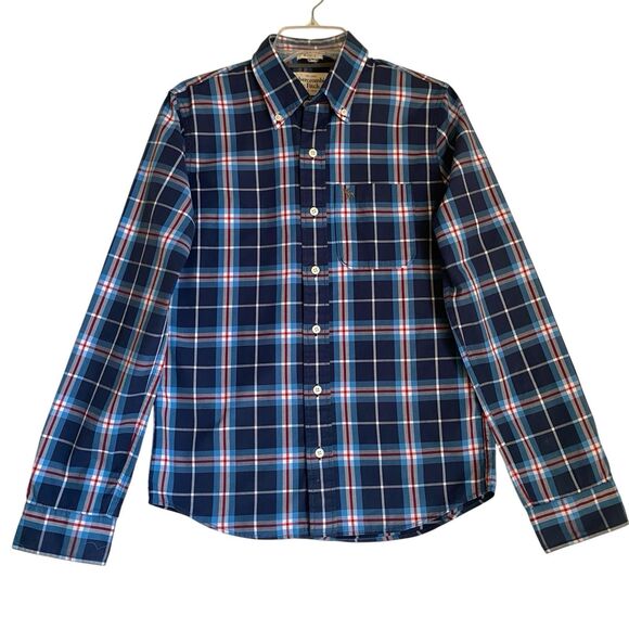 Abercrombie & Fitch Muscle Shirt Men S Plaid BlueRed Button Down Long Sleeve - Picture 2 of 10